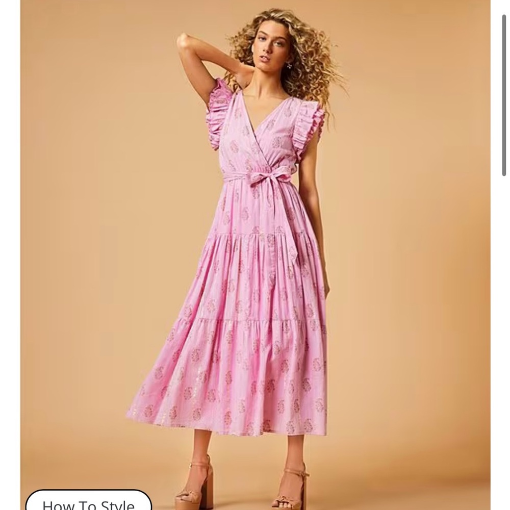 Floral Metallic Striped V-Neck Short Ruffled Sleeve Tiered Maxi Dress